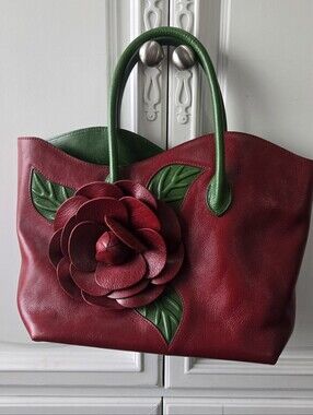 Pijushi Red Leather Tote with Green Handles and Floral Applique